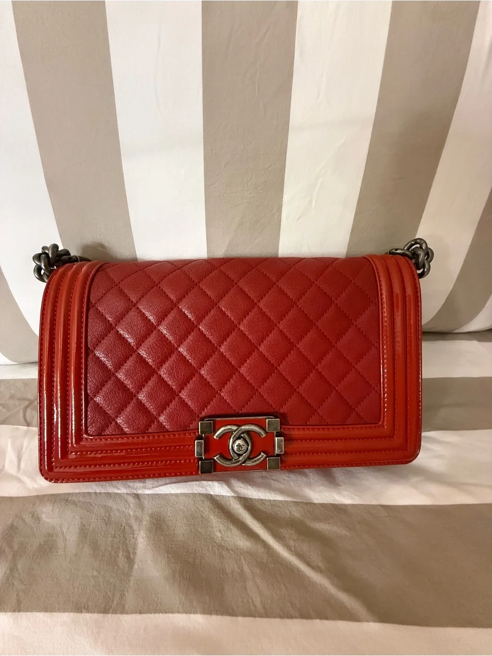 CHANEL Red Quilted Boy Bag with gray-Tone Hardware